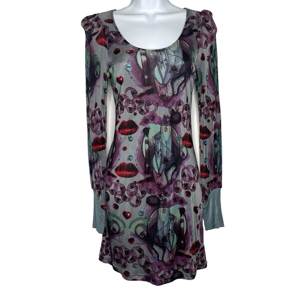 Custo Barcelona Dresses & Skirts - Vintage Y2K Custo Barcelona Graphic Mesh Dress Size S Gray Purple Lips Hearts